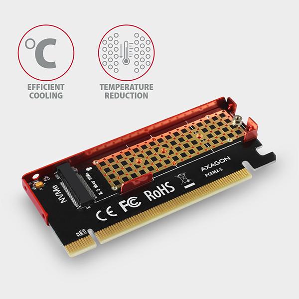 AXAGON PCEM2-S, PCIe x16 - M.2 NVMe M-key slot adaptér, kovový kryt pre pasívne chladenie 