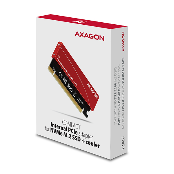 AXAGON PCEM2-S, PCIe x16 - M.2 NVMe M-key slot adaptér, kovový kryt pre pasívne chladenie 