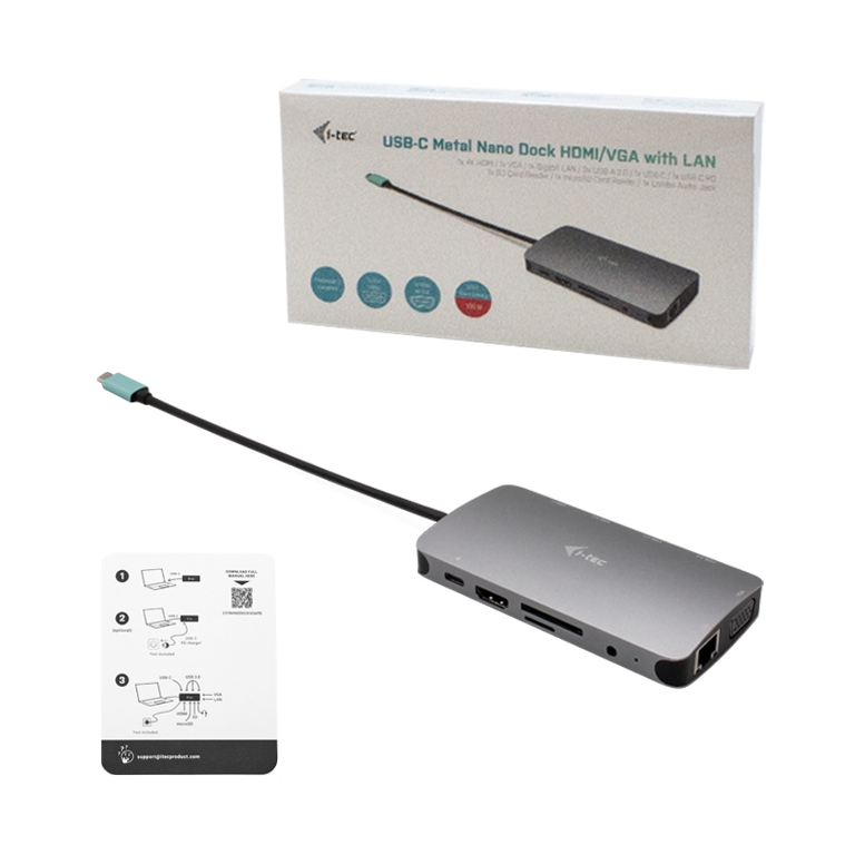 i-tec USB-C Metal Nano Dock HDMI/ VGA with LAN, Power Delivery 100 W + zdroj 112W 
