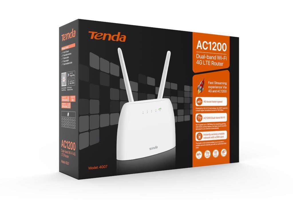 Tenda 4G07 Wi-Fi AC1200 4G LTE router, 2x WAN/ LAN, 1x miniSIM, IPv6, VPN, LTE Cat.4, 4x anténa, CZ app 