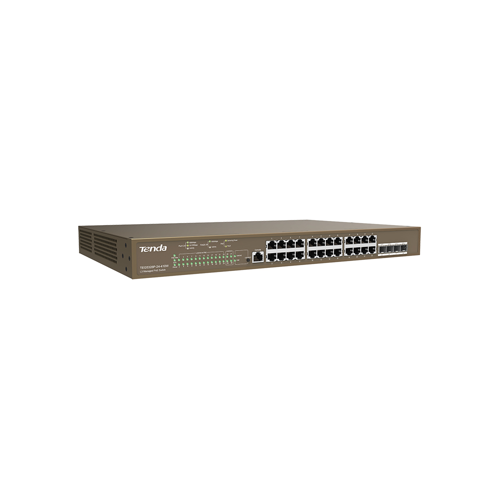 Tenda TEG5328P-24-410W Gigabit L3 PoE+ Switch 370W, 24x 1Gb/ s PoE+, 4x SFP, STP, IGMP, VLAN, Rack 