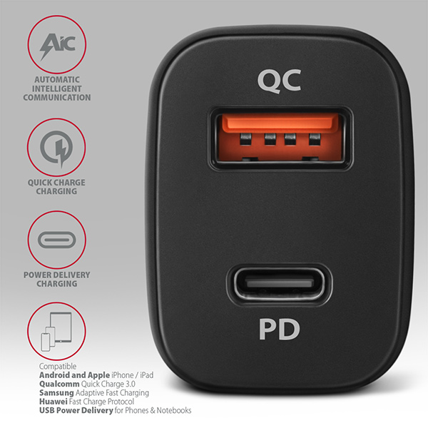 AXAGON PWC-PQ38, PD & QUICK nabíjačka do auta 38W, 2x port (USB + USB-C), PD3.0/ QC3.0/ AFC/ FCP/ Apple 