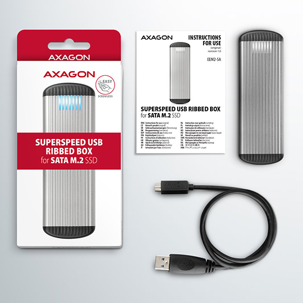 AXAGON EEM2-SA, USB micro-B 3.2 Gen 1 - M.2 SATA SSD kovový RIBBED box, bezskrutkový 