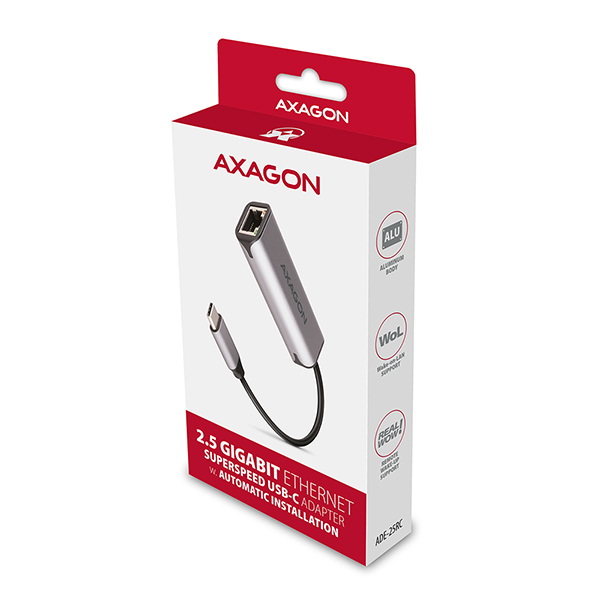 AXAGON ADE-25RC USB-A 3.2 Gen 1 - 2.5 Gigabit Ethernet sieťová karta, Realtek 8156, auto install, šedá 