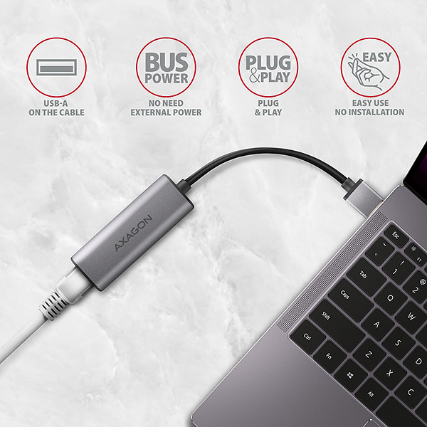 AXAGON ADE-25R USB-A 3.2 Gen 1 - 2.5 Gigabit Ethernet sieťová karta, Realtek 8156, auto install, sivá 