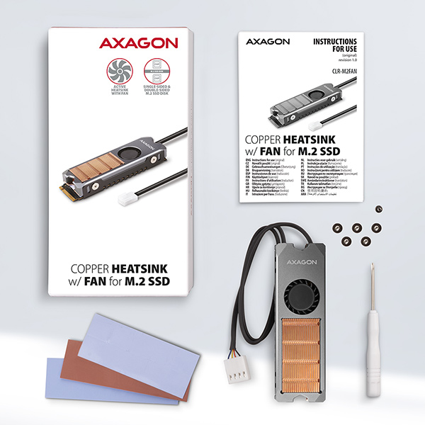 AXAGON CLR-M2FAN, medený chladič s ventilátorom pre jedno aj obojstranný M.2 SSD disk, výška 13 mm 
