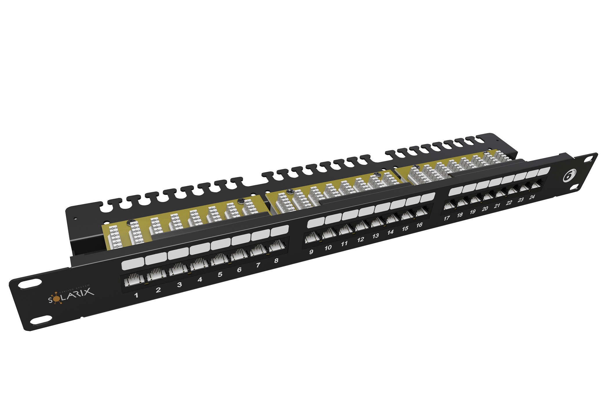 19" patch panel Solarix 24 x RJ45 CAT6 UTP s vyväzovacou lištou 1U SX24L-6-UTP-BK-N 