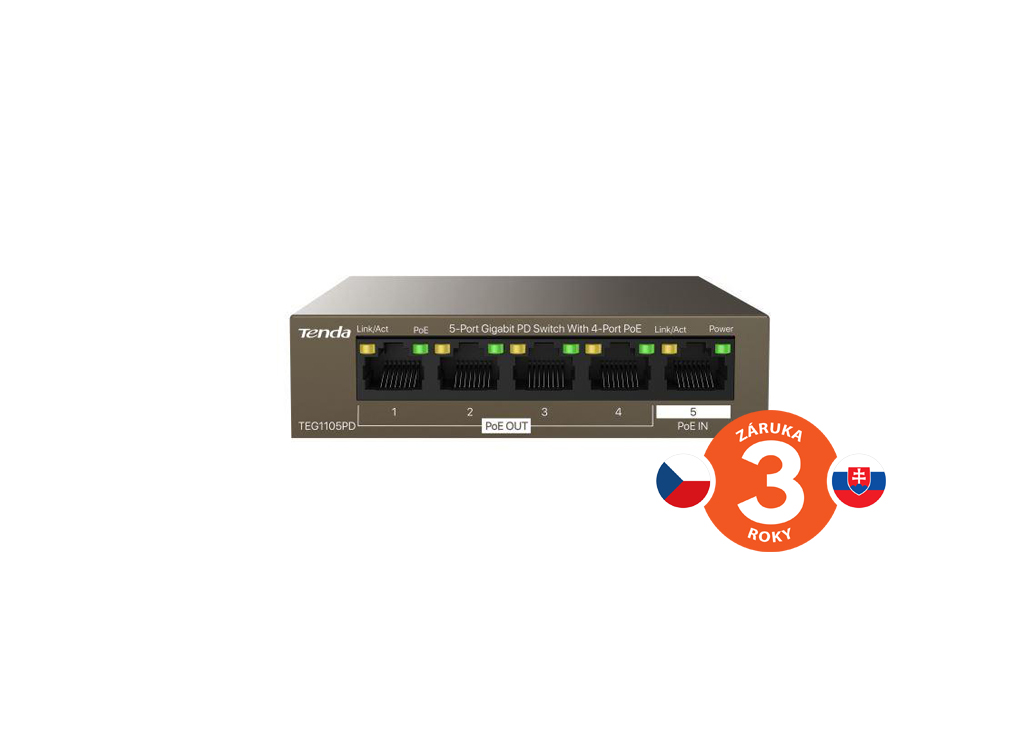 Tenda TEG1105PD PoE PD Gigabit switch, 1x PoE IN, 4x PoE OUT 802.3af, 5x 1 Gb/ s, max. 30W, fanless
