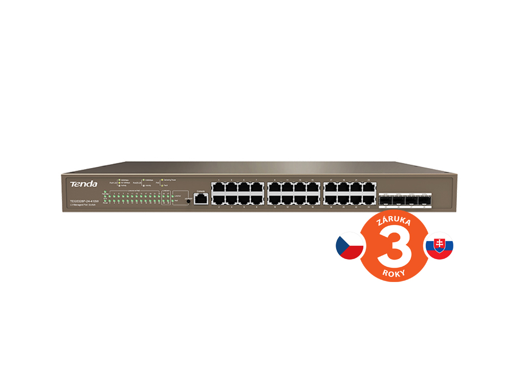 Tenda TEG5328P-24-410W Gigabit L3 PoE+ Switch 370W, 24x 1Gb/ s PoE+, 4x SFP, STP, IGMP, VLAN, Rack