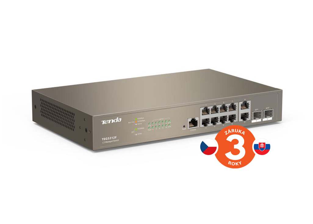 Tenda TEG5312F Gigabit L3 Managed Switch, 10x RJ45 1Gb/ s, 2x SFP, STP, RSTP, MSTP, IGMP, VLAN, Rack