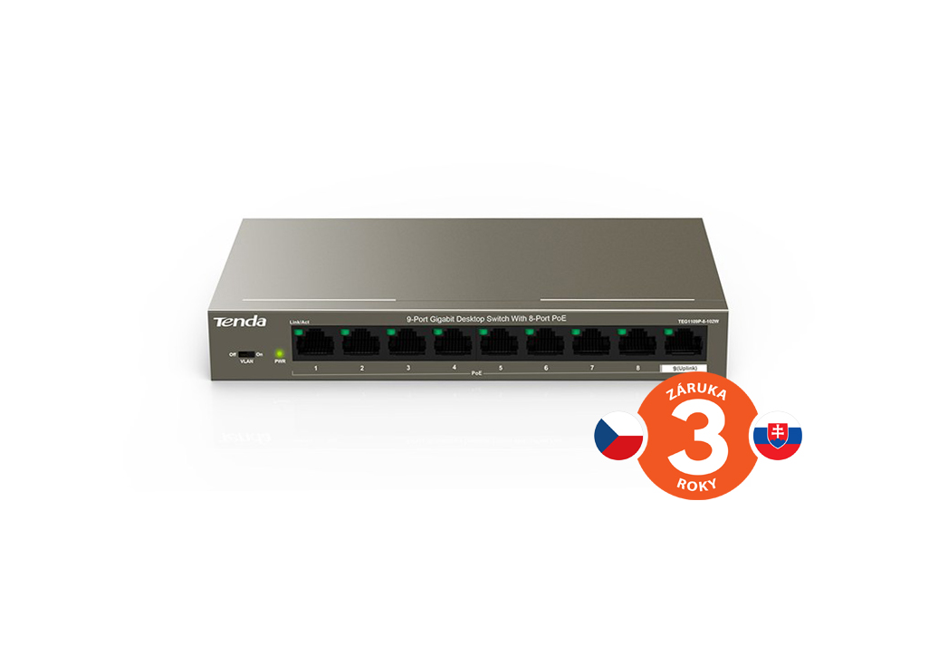 Tenda TEG1109P-8-102W PoE AT switch 8x PoE 802.3af/ at + 1x Uplink, 9x 1 Gb/ s, PoE+ 102W, fanless