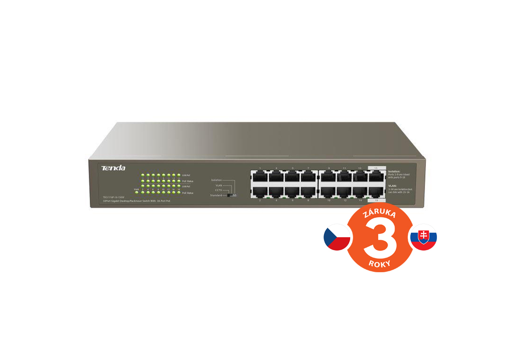 Tenda TEG1116P-16-150W PoE AT Gigabit switch 16x 1Gb/ s s PoE 802.3af/ at, PoE+ 135W, Rack, Fanless