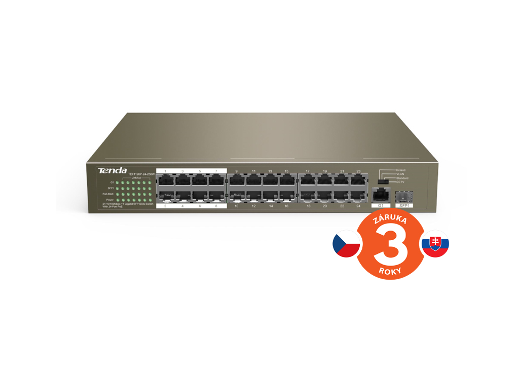 Tenda TEF1126P-24-250W PoE AF/ AT switch - 24x PoE 100 Mb/ s + 2x Uplink 1Gb/ s RJ45/ SFP, PoE+ 225W