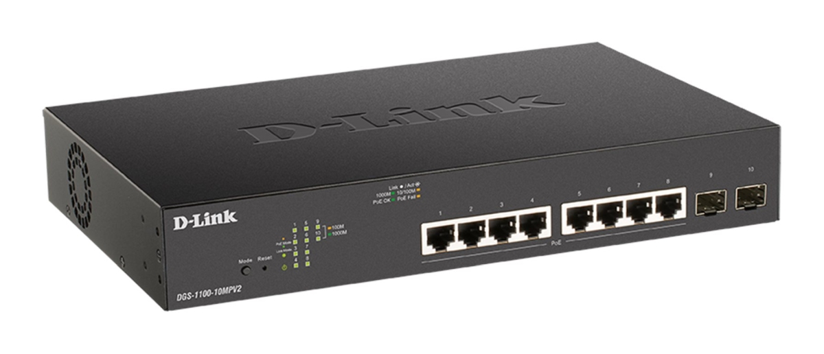 D-Link DGS-1100-10MPV2, 8x 1000Base-T 802.3af/ 802.3at PoE, 2x SFP, 130W PoE budget 