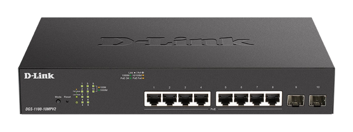 D-Link DGS-1100-10MPV2, 8x 1000Base-T 802.3af/ 802.3at PoE, 2x SFP, 130W PoE budget