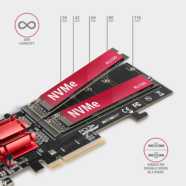 AXAGON PCEM2-ND, PCIe x8 radič - 2x M.2 NVMe M-key slot, RAID, podpora dosiek bez bifurkácie, vr. LP 