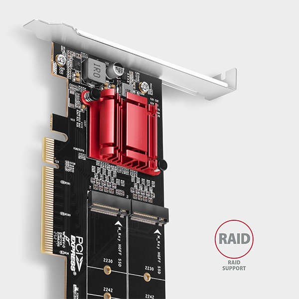 AXAGON PCEM2-ND, PCIe x8 radič - 2x M.2 NVMe M-key slot, RAID, podpora dosiek bez bifurkácie, vr. LP 