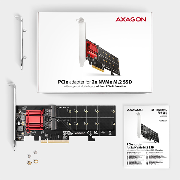 AXAGON PCEM2-ND, PCIe x8 radič - 2x M.2 NVMe M-key slot, RAID, podpora dosiek bez bifurkácie, vr. LP 