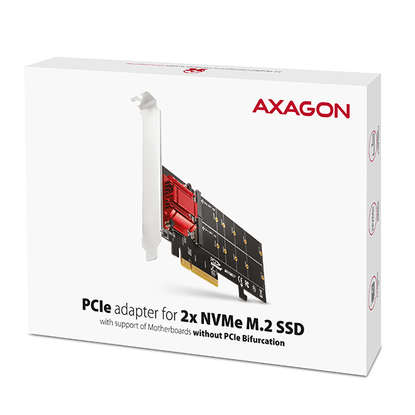 AXAGON PCEM2-ND, PCIe x8 radič - 2x M.2 NVMe M-key slot, RAID, podpora dosiek bez bifurkácie, vr. LP 