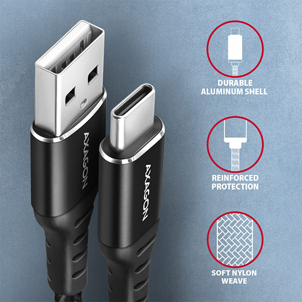 AXAGON BUCM-AM20AB, HQ kábel USB-C <-> USB-A, 2m, USB 2.0, 3A, ALU, oplet, čierny 