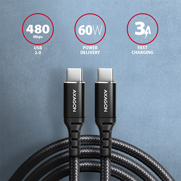 AXAGON BUCM-CM10AB, HQ kábel USB-C <-> USB-C, 1m, USB 2.0, PD 60W 3A, ALU, oplet, čierny 