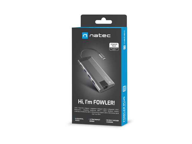 Natec multiport adaptér FOWLER PLUS HUB 8v1, USB 3.0 3X, HDMI 4K, USB-C PD, RJ45, SD, MICRO 
