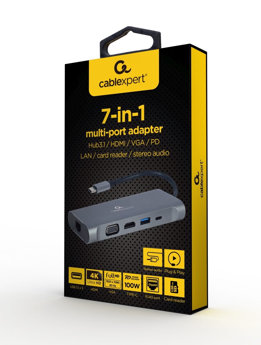 Gembird USB-C 7v1 multiport USB 3.0 + HDMI + VGA + PD + čtečka karet + stereo audio 