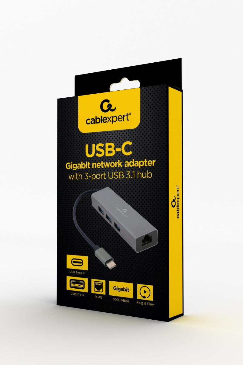 Gembird USB-C GBit adapter + 3x USB 3.1 