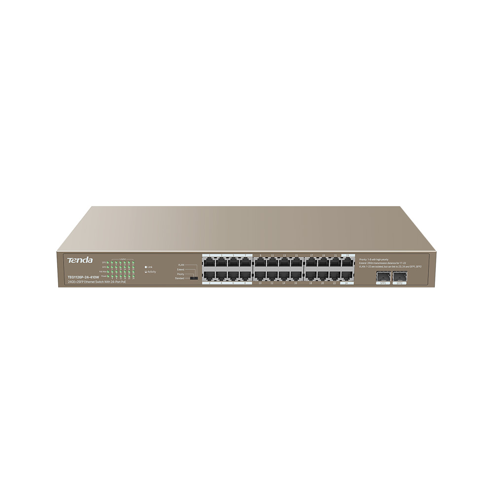 Tenda TEG1126P-24-410W PoE AT Gigabit switch 24x 1Gb/ s PoE 802.3af/ at + 2x SFP, PoE+ 370W, Rackmount 