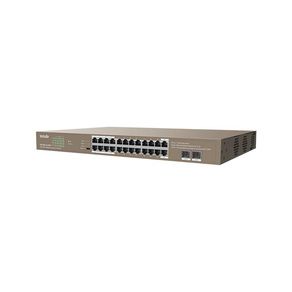 Tenda TEG1126P-24-410W PoE AT Gigabit switch 24x 1Gb/ s PoE 802.3af/ at + 2x SFP, PoE+ 370W, Rackmount 