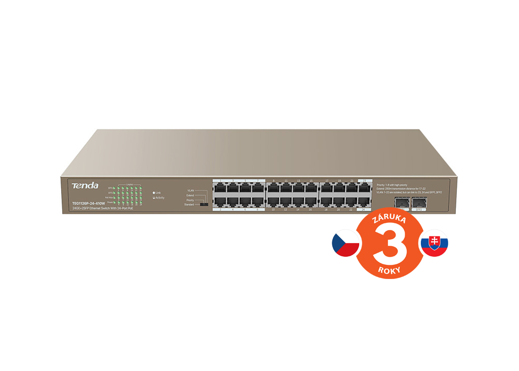 Tenda TEG1126P-24-410W PoE AT Gigabit switch 24x 1Gb/ s PoE 802.3af/ at + 2x SFP, PoE+ 370W, Rackmount