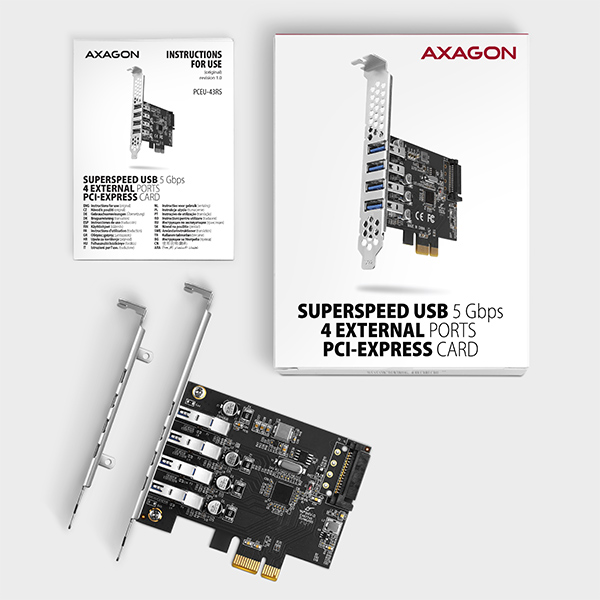 AXAGON PCEU-43RS, PCIe radič, 4x USB 3.2 Gen 1 port, 5 Gbps, napájanie z PCIe alebo SATA, SP & LP 