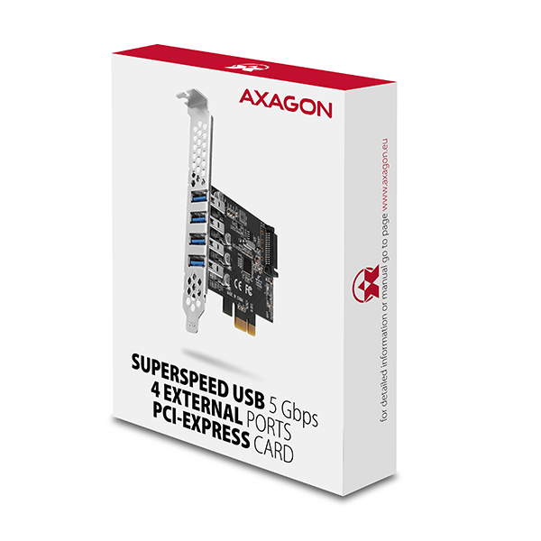 AXAGON PCEU-43RS, PCIe radič, 4x USB 3.2 Gen 1 port, 5 Gbps, napájanie z PCIe alebo SATA, SP & LP 