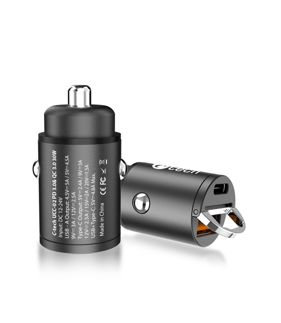 Nabíječka USB do auta C-TECH UCC-02, 1x Type C + 1 x Type A,  30W, Power delivery 3.0, Quick Charge 