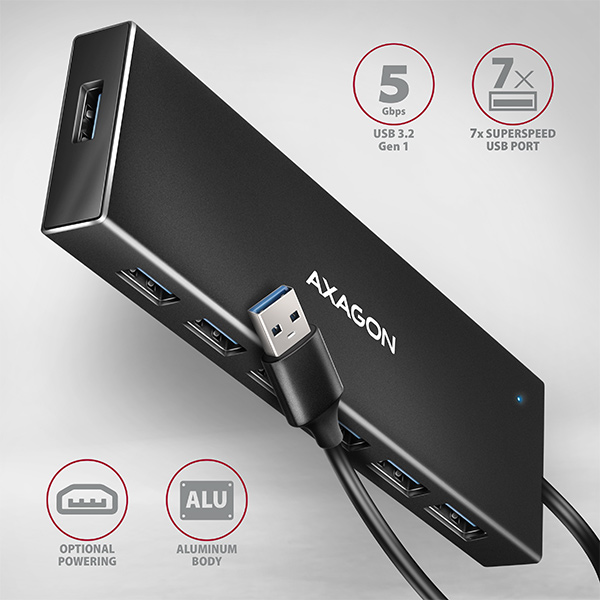 AXAGON HUE-F7A, 7x USB 3.2 Gen 1 ALU FLAT CHARGING hub, micro USB napájací konektor, kábel USB-A 1m 