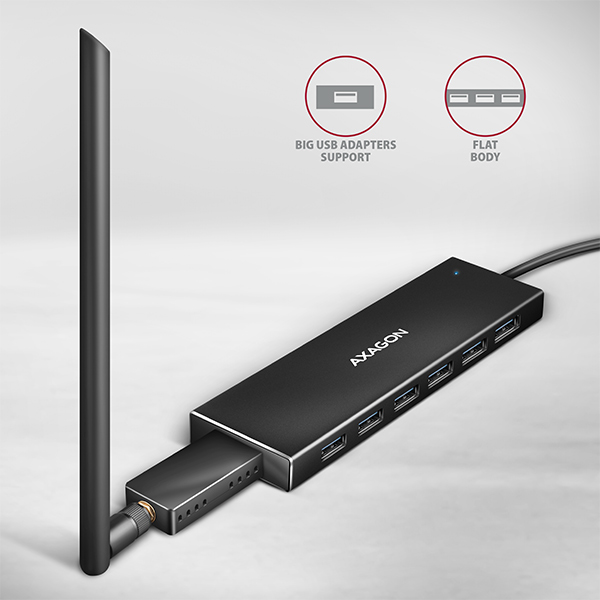 AXAGON HUE-F7A, 7x USB 3.2 Gen 1 ALU FLAT CHARGING hub, micro USB napájací konektor, kábel USB-A 1m 