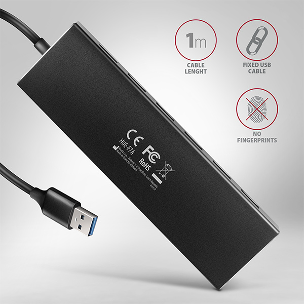 AXAGON HUE-F7A, 7x USB 3.2 Gen 1 ALU FLAT CHARGING hub, micro USB napájací konektor, kábel USB-A 1m 