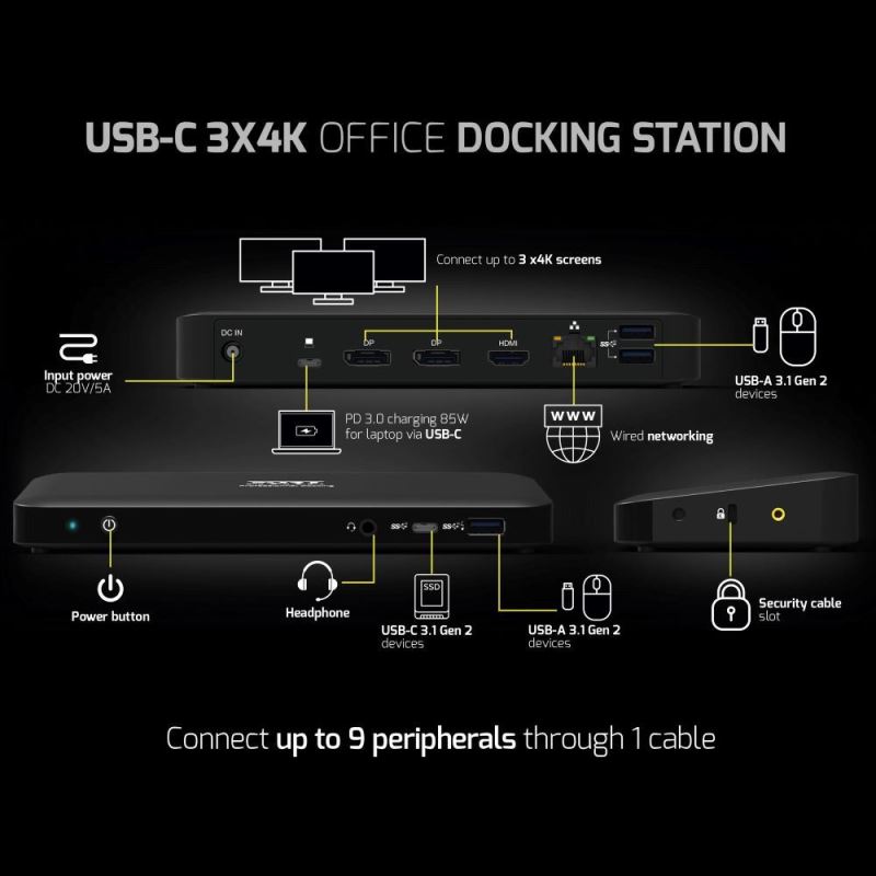 PORT CONNECT Dokovací stanice pro kanceláře, USB-C, 2x4K, černá 
