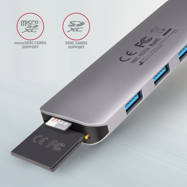 AXAGON HMC-HCR3A, USB 3.2 Gen 1 húb, porty 3x USB-A, HDMI 4k/ 30Hz, SD/ microSD, kábel USB-C 20cm 