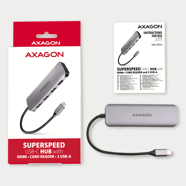 AXAGON HMC-HCR3A, USB 3.2 Gen 1 húb, porty 3x USB-A, HDMI 4k/ 30Hz, SD/ microSD, kábel USB-C 20cm 