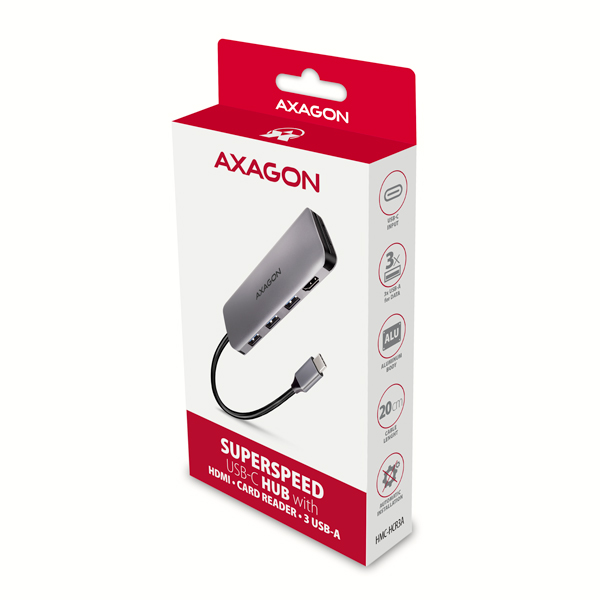 AXAGON HMC-HCR3A, USB 3.2 Gen 1 húb, porty 3x USB-A, HDMI 4k/ 30Hz, SD/ microSD, kábel USB-C 20cm 