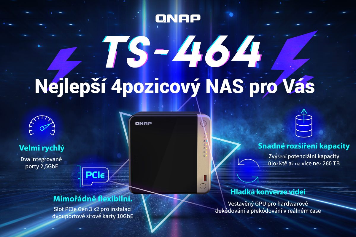 QNAP TS-464-8G (4core 2, 9GHz, 8GB RAM, 4xSATA, 2x M.2 NVMe slot, 1xPCIe, 1xHDMI 4K, 2x2, 5GbE, 4xUSB) 