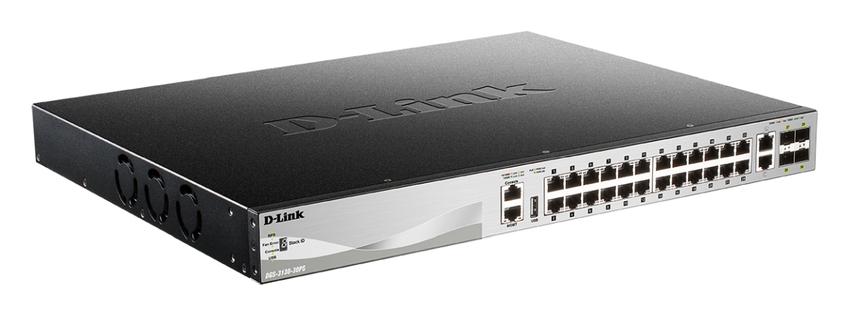 D-Link DGS-3130-30PS L3 Stck. Mng. PoE switch 24x GbE PoE+, 2x 10G RJ-45, 4x 10G SFP+, PoE 370W 