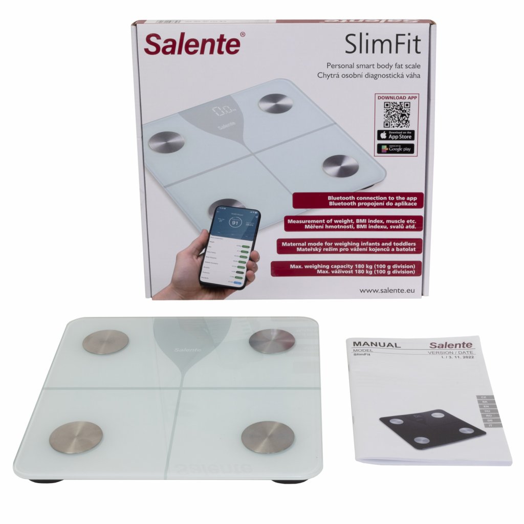 Salente SlimFit, osobná diagnostická fitness váha, Bluetooth, biela 