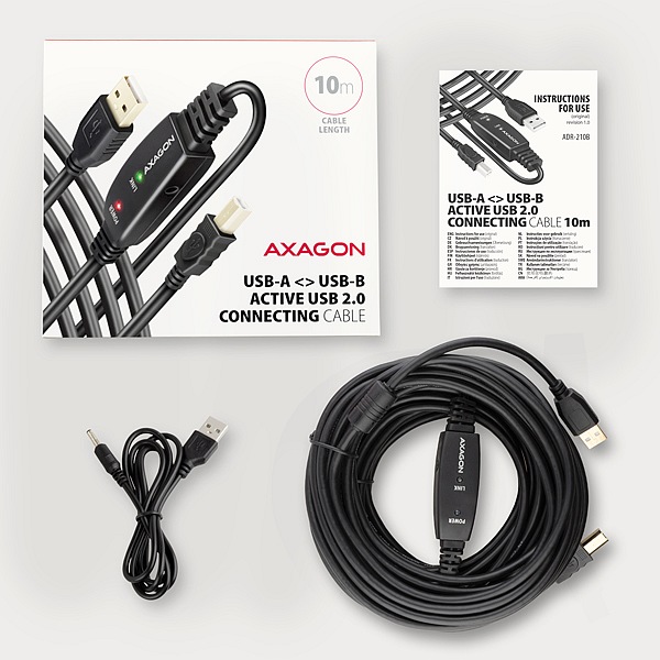 AXAGON ADR-210B, USB 2.0 A-M -> B-M aktívny prepojovací / repeater kábel, 10m 