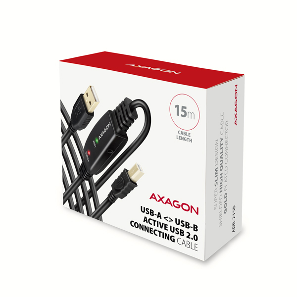 AXAGON ADR-215B, USB 2.0 A-M -> B-M aktívny prepojovací / repeater kábel, 15m 