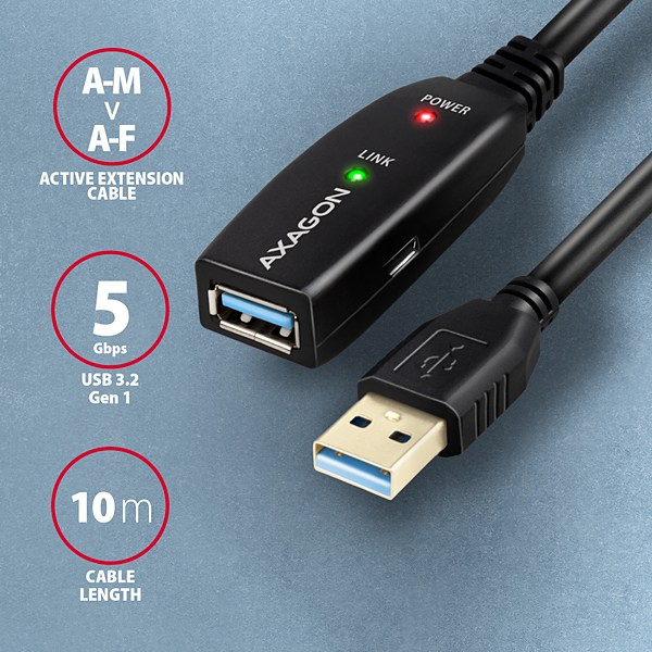 AXAGON ADR-310, USB 3.2 Gen 1 A-M -> A-F aktívny predlžovací / repeater kábel, 10m 