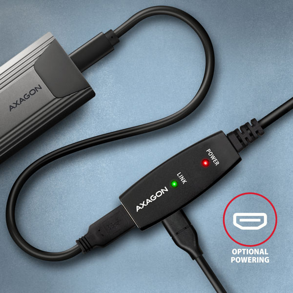 AXAGON ADR-310, USB 3.2 Gen 1 A-M -> A-F aktívny predlžovací / repeater kábel, 10m 