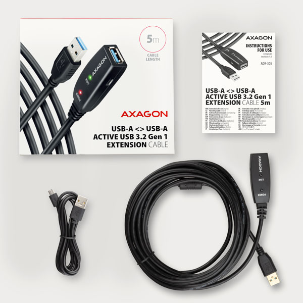 AXAGON ADR-305, USB 3.2 Gen 1 A-M -> A-F aktívny predlžovací / repeater kábel, 5m 