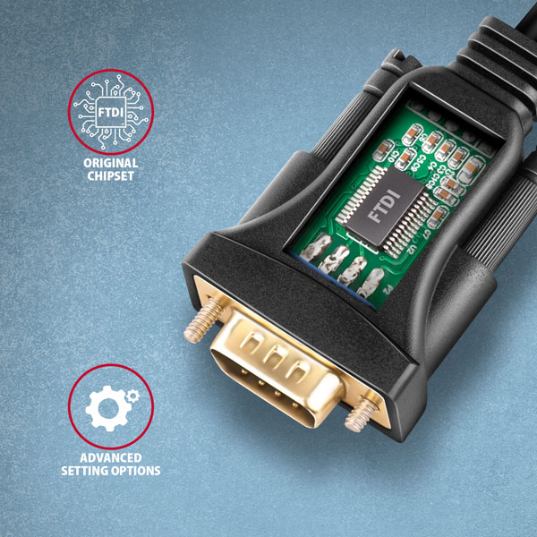 AXAGON ADS-1PQN, USB-A 2.0 - sériový RS-232 DB9-M FTDI adaptér / kábel 1.5m 